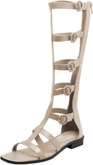 ANUFER Women's Open Toe Adjustable Strappy Sandals Knee High Gladiator Roman Sandals Boots with Zipper