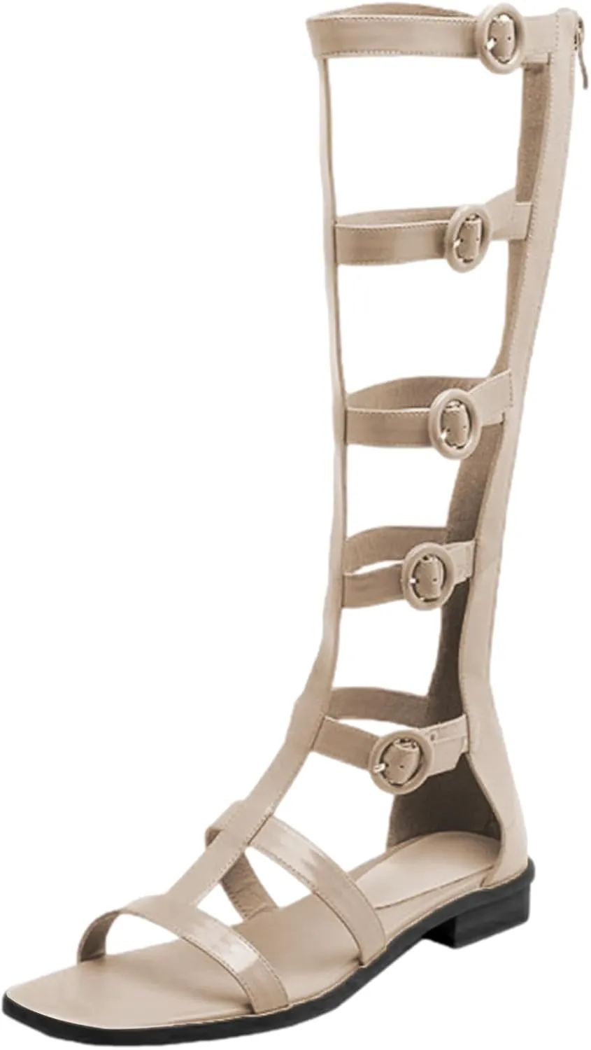 ANUFER Women's Open Toe Adjustable Strappy Sandals Knee High Gladiator Roman Sandals Boots with Zipper