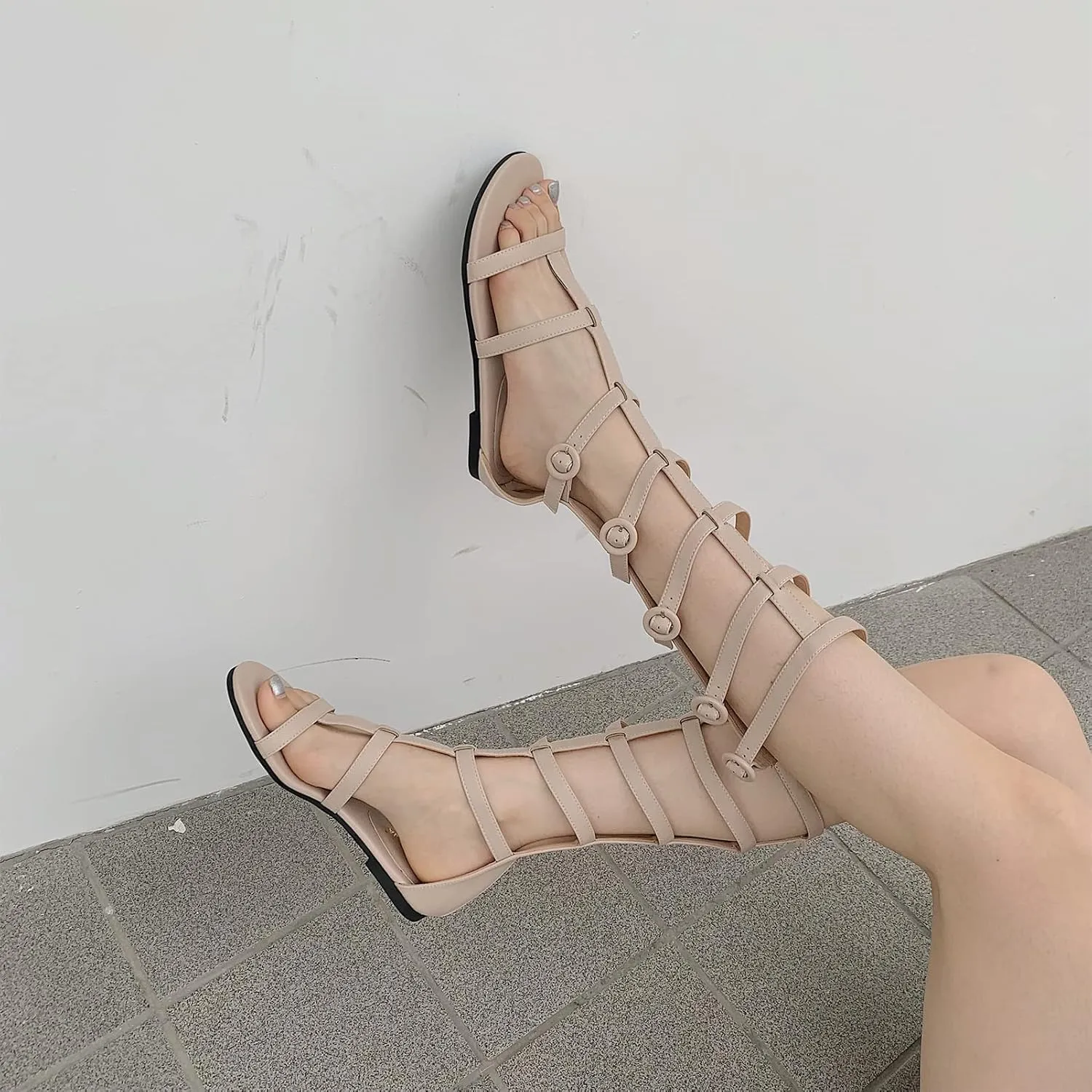 ANUFER Women's Open Toe Adjustable Strappy Sandals Knee High Gladiator Roman Sandals Boots with Zipper