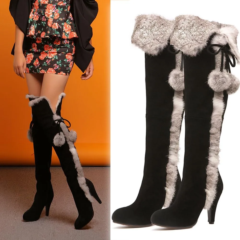 APHNUS Womens Boots Winter Fur Snow Tall Over The Knee Thigh High Boots