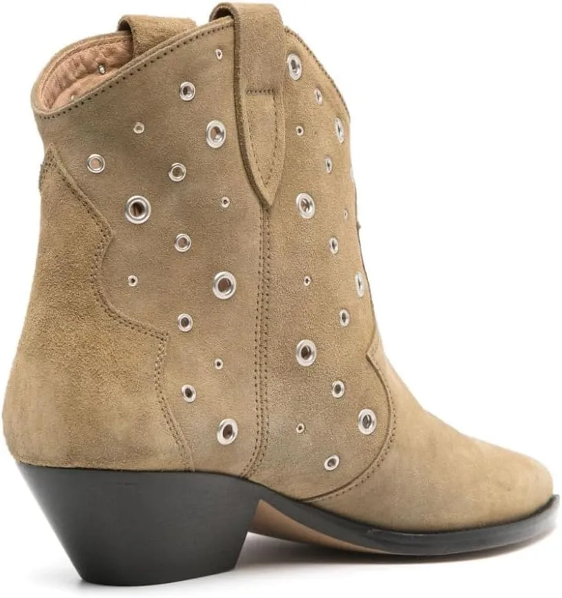 Arqa Suede Ankle Boot for Women Pointed Toe Block Heel Western Cowboy Boots with Metal Eyelet Pull-on Fashion Booties