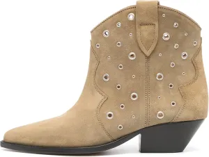 Arqa Suede Ankle Boot for Women Pointed Toe Block Heel Western Cowboy Boots with Metal Eyelet Pull-on Fashion Booties