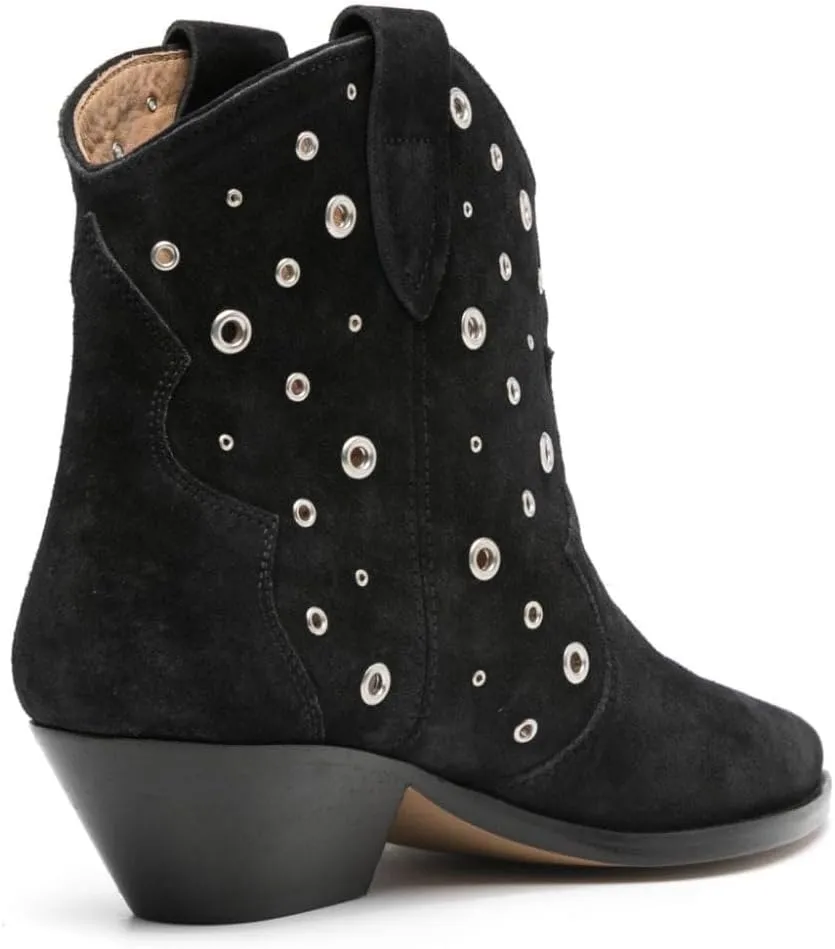 Arqa Suede Ankle Boot for Women Pointed Toe Block Heel Western Cowboy Boots with Metal Eyelet Pull-on Fashion Booties