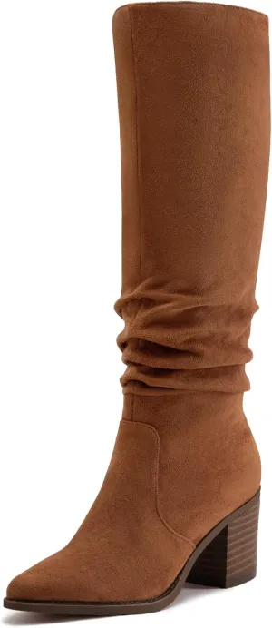 Athlefit Womens Knee High Chunky Heel Boots Faux Suede Pointed Toe Side Zipper Boots