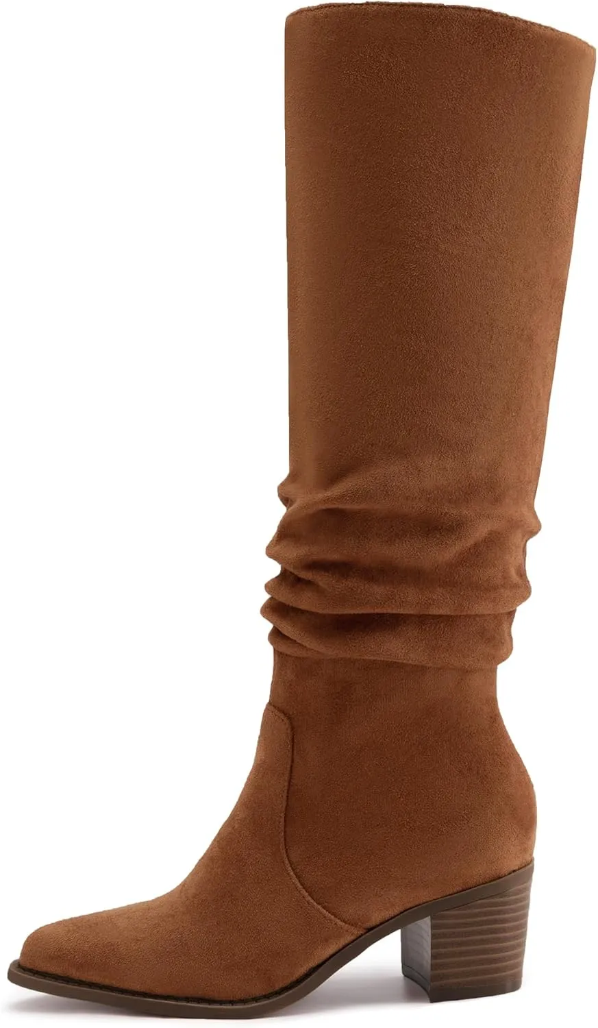 Athlefit Womens Knee High Chunky Heel Boots Faux Suede Pointed Toe Side Zipper Boots