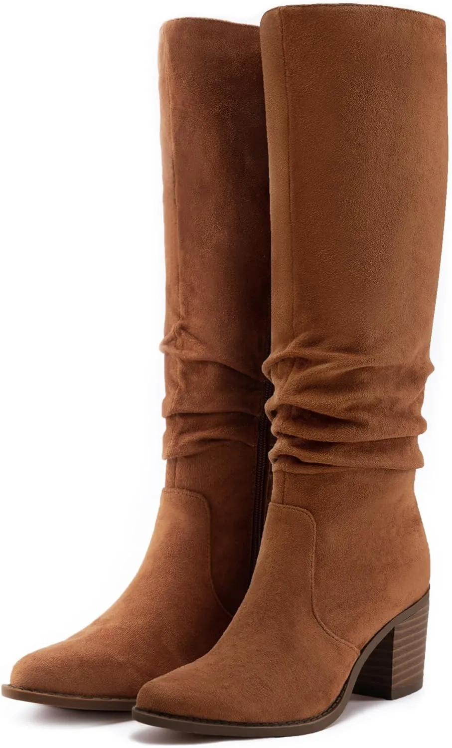 Athlefit Womens Knee High Chunky Heel Boots Faux Suede Pointed Toe Side Zipper Boots