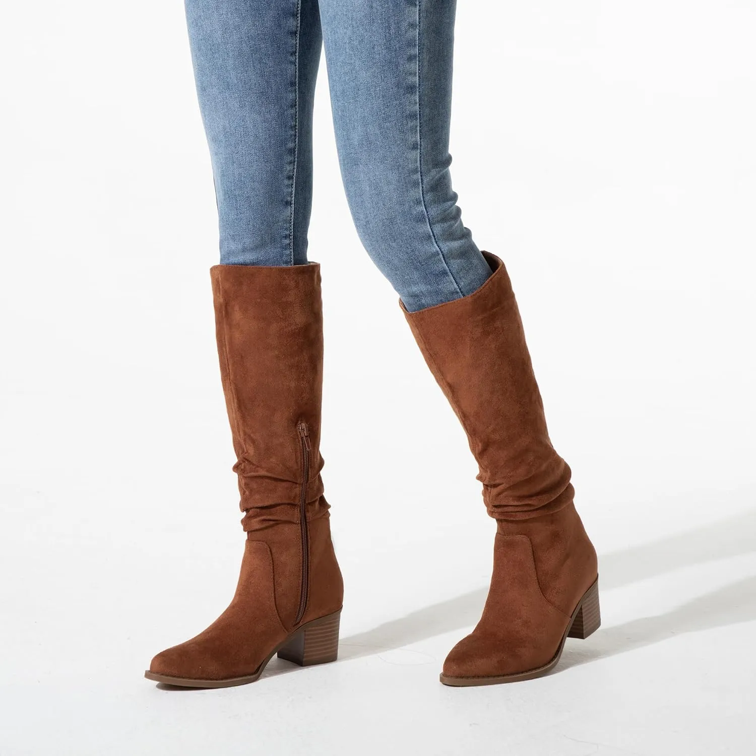 Athlefit Womens Knee High Chunky Heel Boots Faux Suede Pointed Toe Side Zipper Boots
