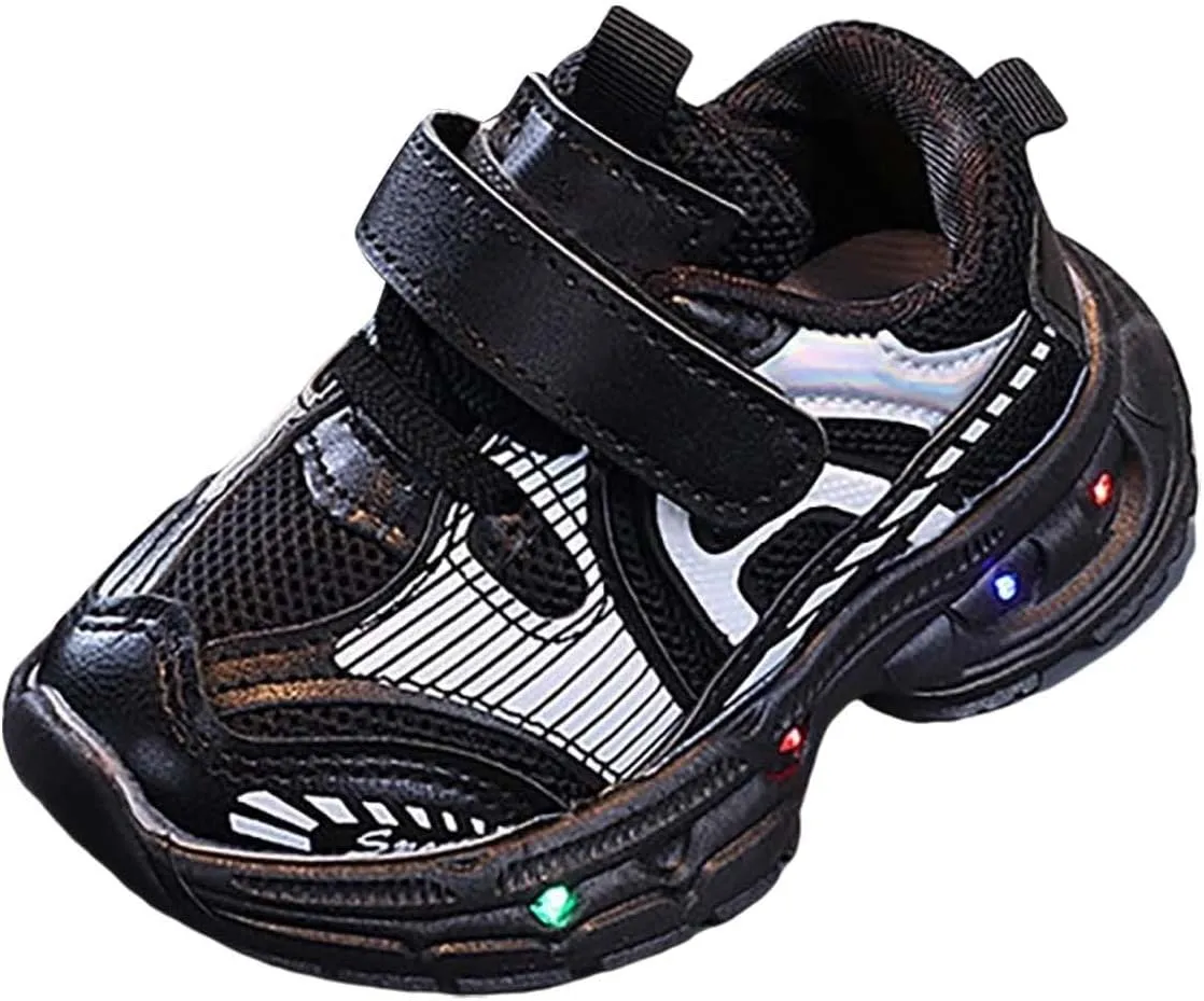 Baby Infant Leather Mesh Lights up Sneakers Hook Loop First Walking Non Slip Glitter Sport Shoes Toddler Breathable