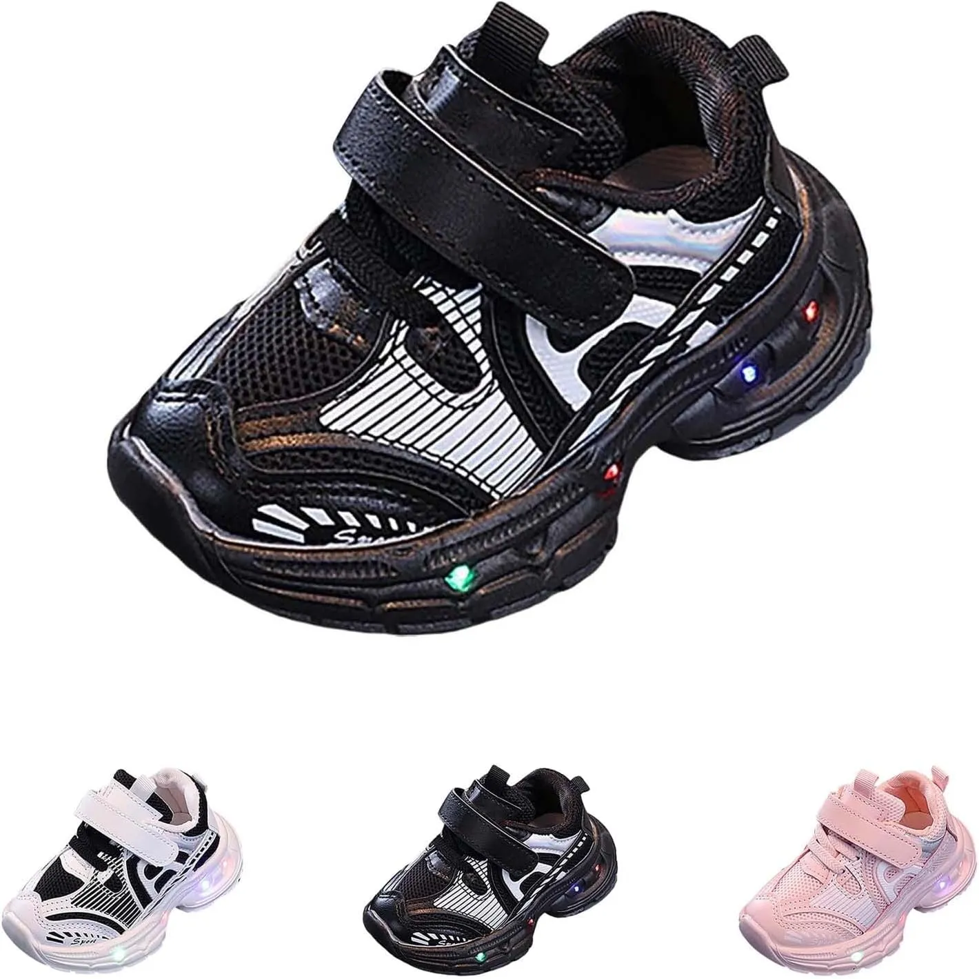 Baby Infant Leather Mesh Lights up Sneakers Hook Loop First Walking Non Slip Glitter Sport Shoes Toddler Breathable