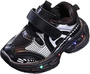 Baby Infant Leather Mesh Lights up Sneakers Hook Loop First Walking Non Slip Glitter Sport Shoes Toddler Breathable