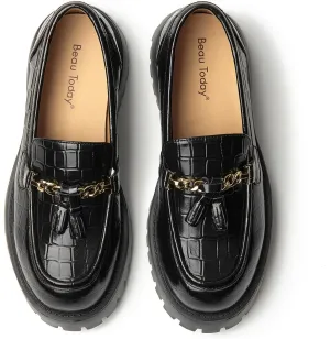 BEAU TODAY Chunky Loafers for Women,Womens Platform Loafer Shoes,Chunky Heel Lug Sole Slip-on Metal Chain Shoes,Comfort Round Toe Business Work Office Shoes
