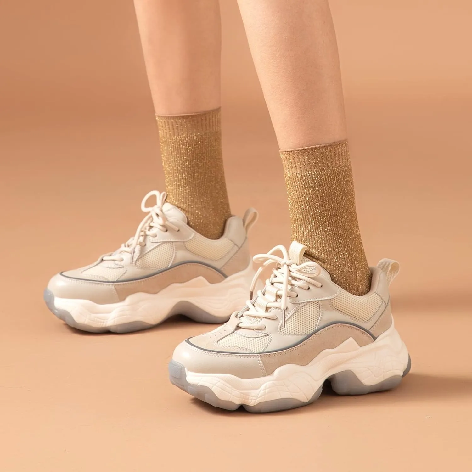 BEAU TODAY Chunky Sneakers for Women, Womens Fashion Sneakers, Lace Up Platform Comfortable Leather Casual Dad Shoes