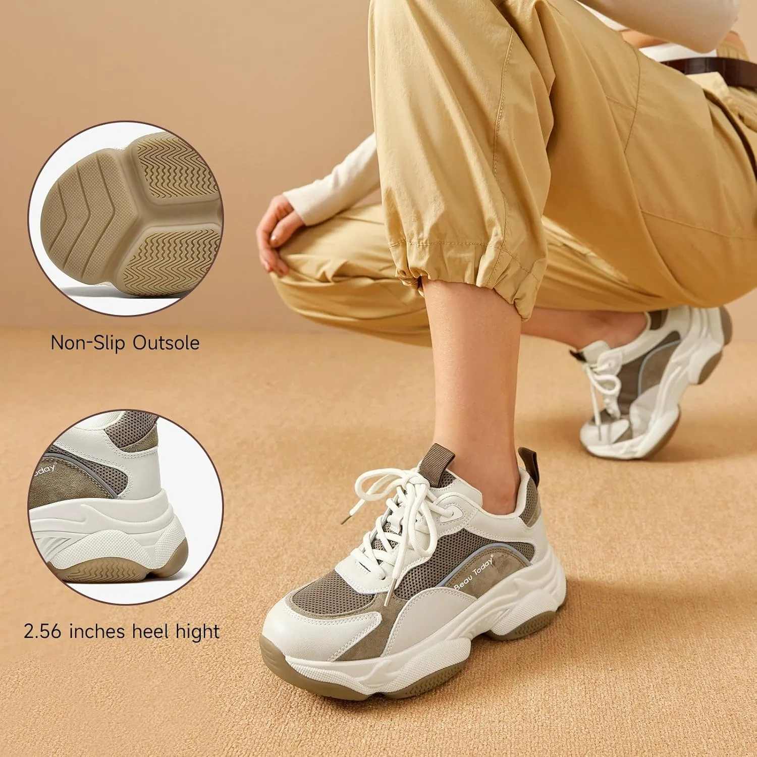 BEAU TODAY Chunky Sneakers for Women, Womens Fashion Sneakers, Lace Up Platform Comfortable Leather Casual Dad Shoes