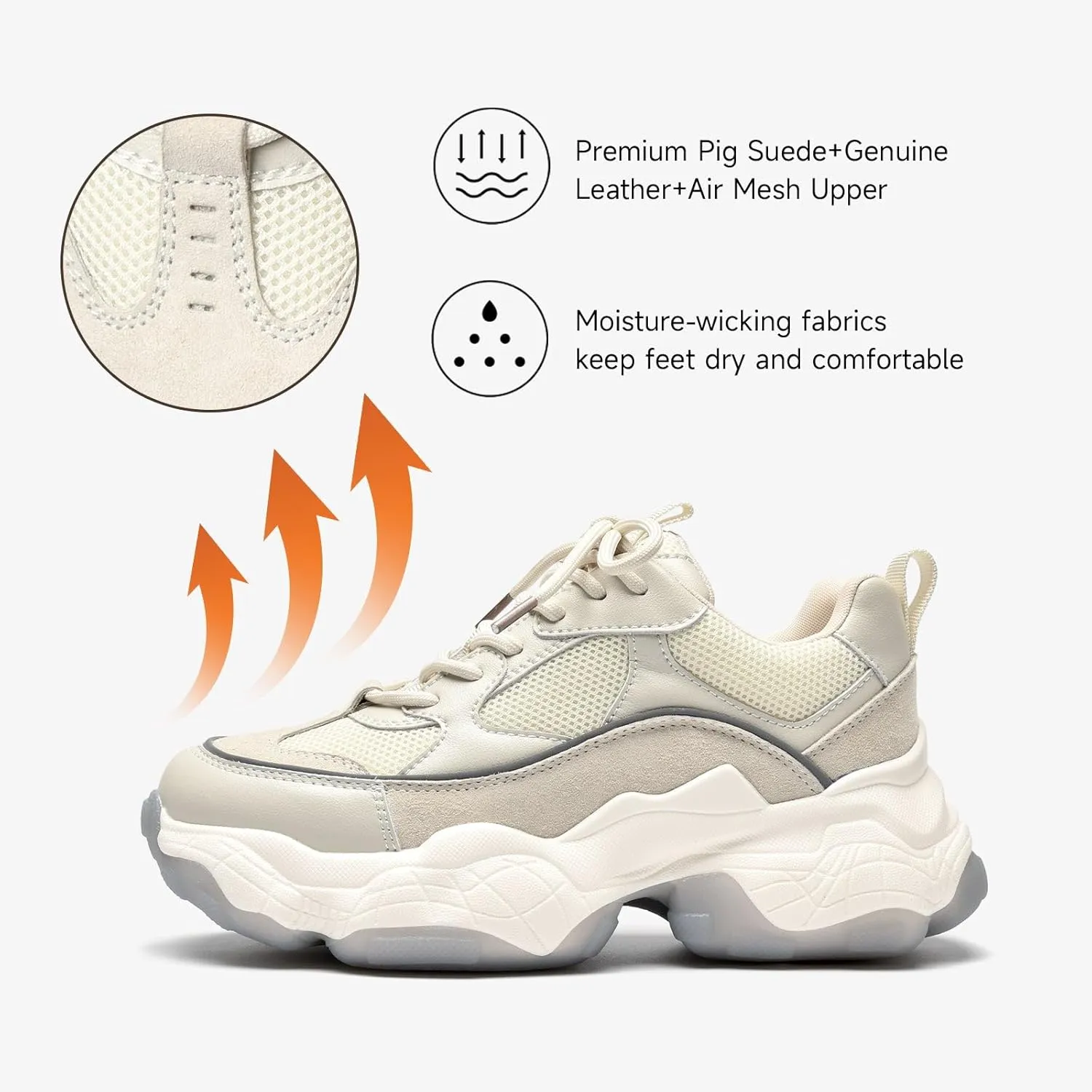 BEAU TODAY Chunky Sneakers for Women, Womens Fashion Sneakers, Lace Up Platform Comfortable Leather Casual Dad Shoes