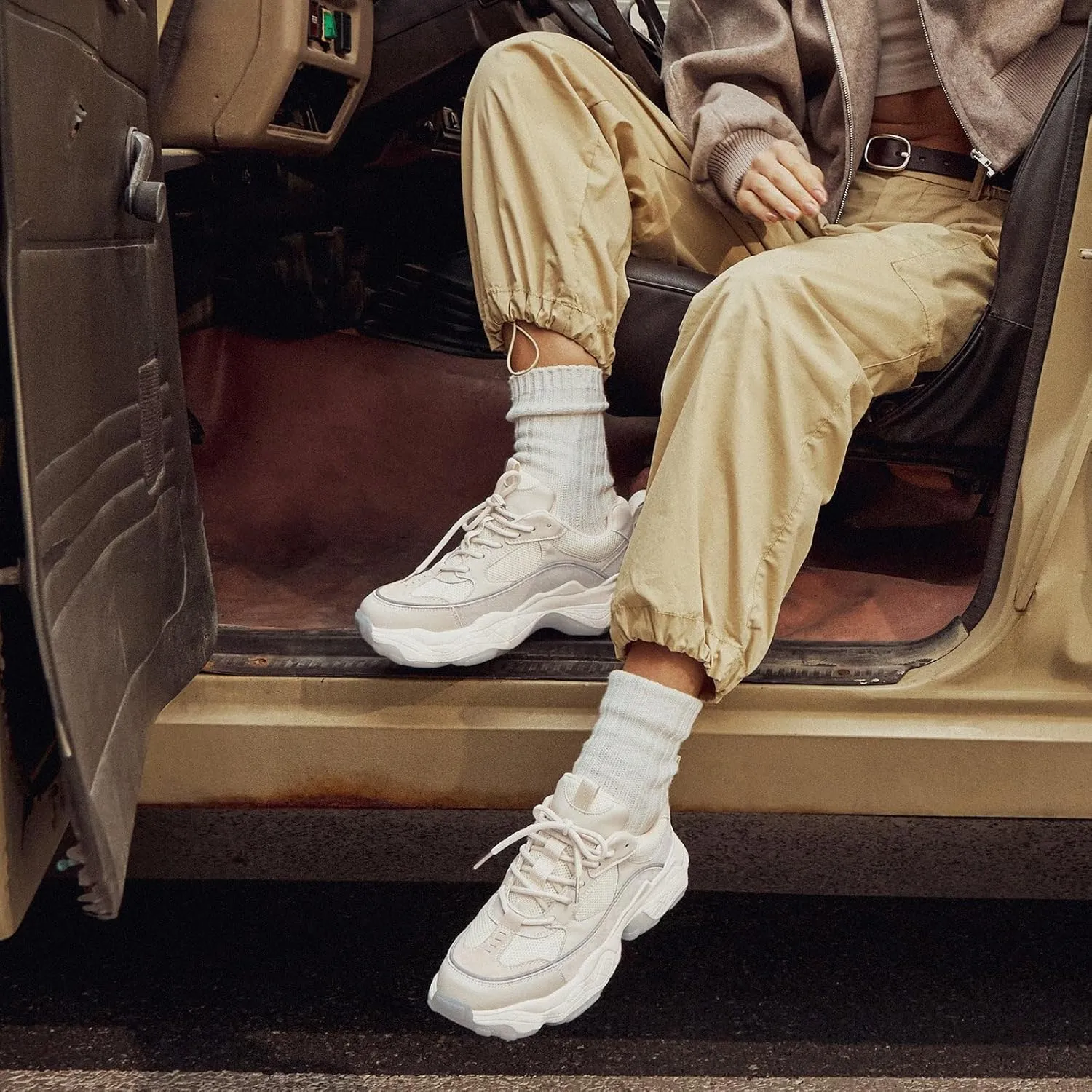 BEAU TODAY Chunky Sneakers for Women, Womens Fashion Sneakers, Lace Up Platform Comfortable Leather Casual Dad Shoes
