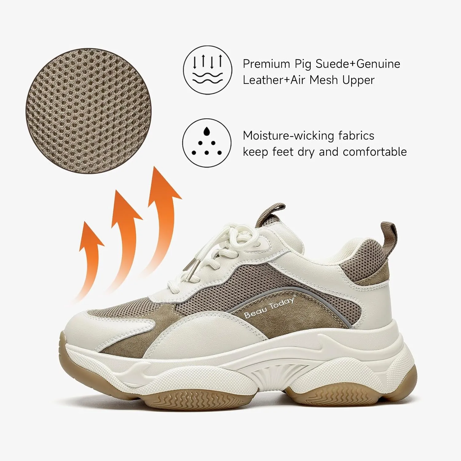 BEAU TODAY Chunky Sneakers for Women, Womens Fashion Sneakers, Lace Up Platform Comfortable Leather Casual Dad Shoes