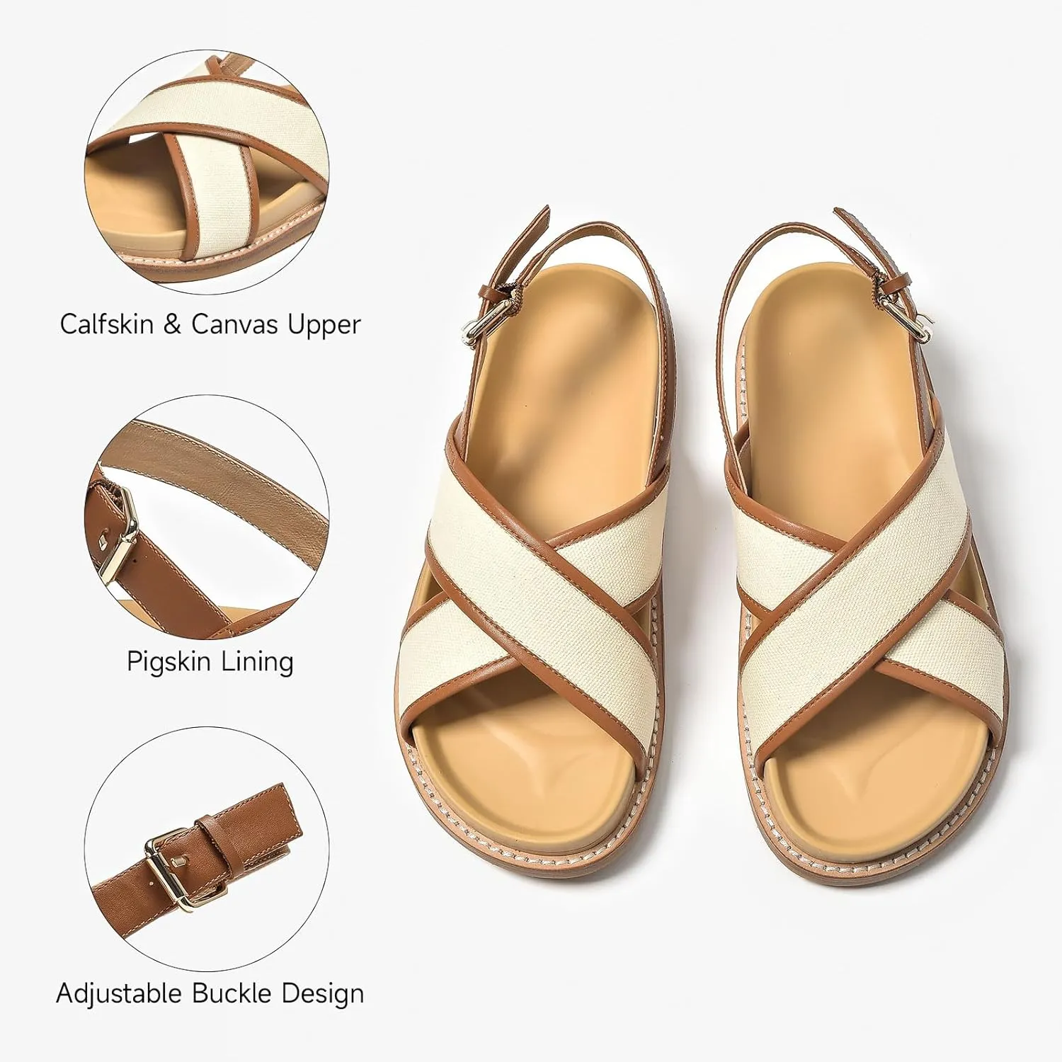 BEAU TODAY Flat Sandals for Women, Fashion Strappy Sandal Comfortable Arch Support Open Toe Beach Dressy Leather Summer Low Platform Sandals