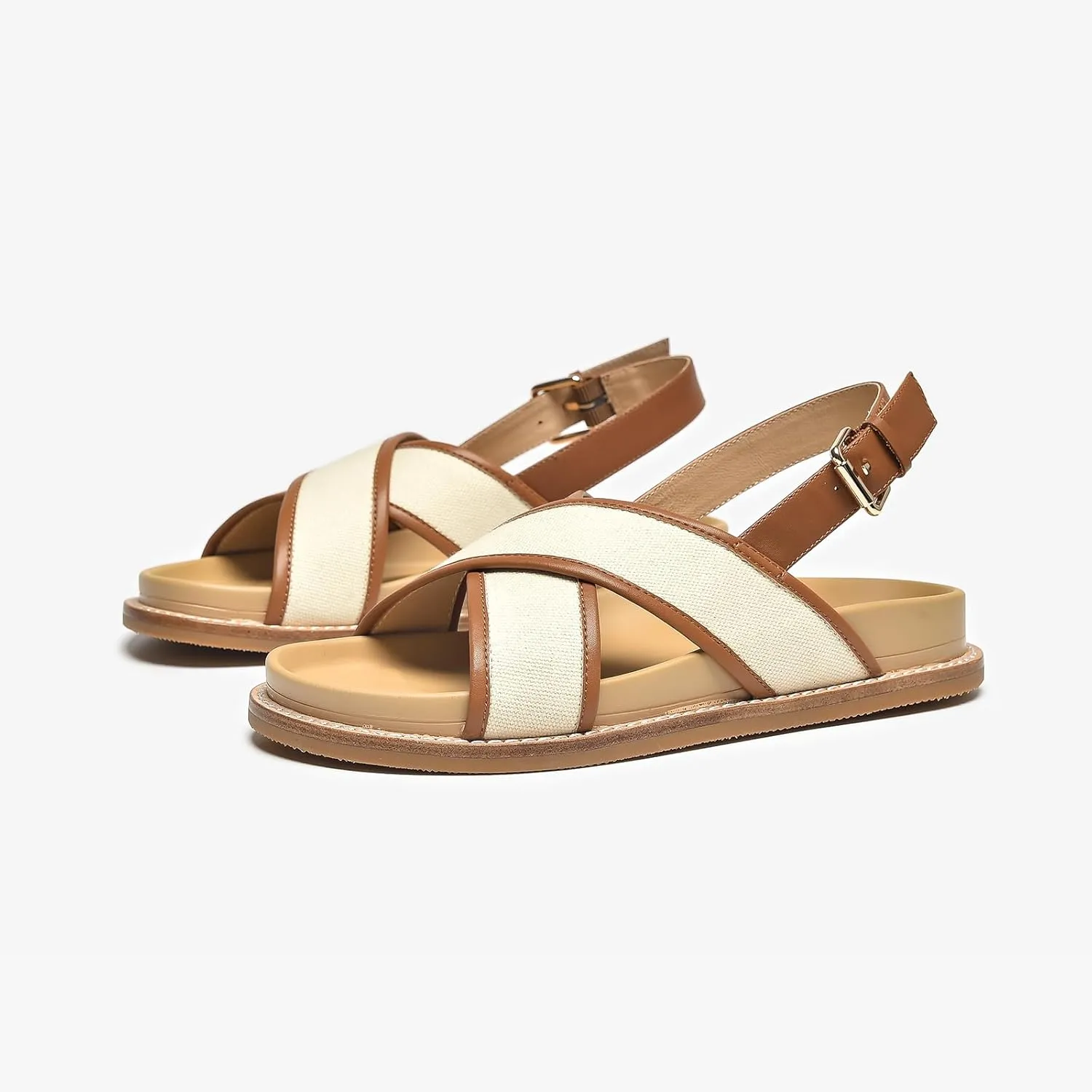 BEAU TODAY Flat Sandals for Women, Fashion Strappy Sandal Comfortable Arch Support Open Toe Beach Dressy Leather Summer Low Platform Sandals