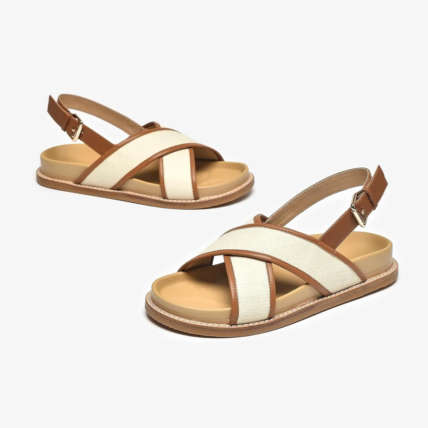 BEAU TODAY Flat Sandals for Women, Fashion Strappy Sandal Comfortable Arch Support Open Toe Beach Dressy Leather Summer Low Platform Sandals