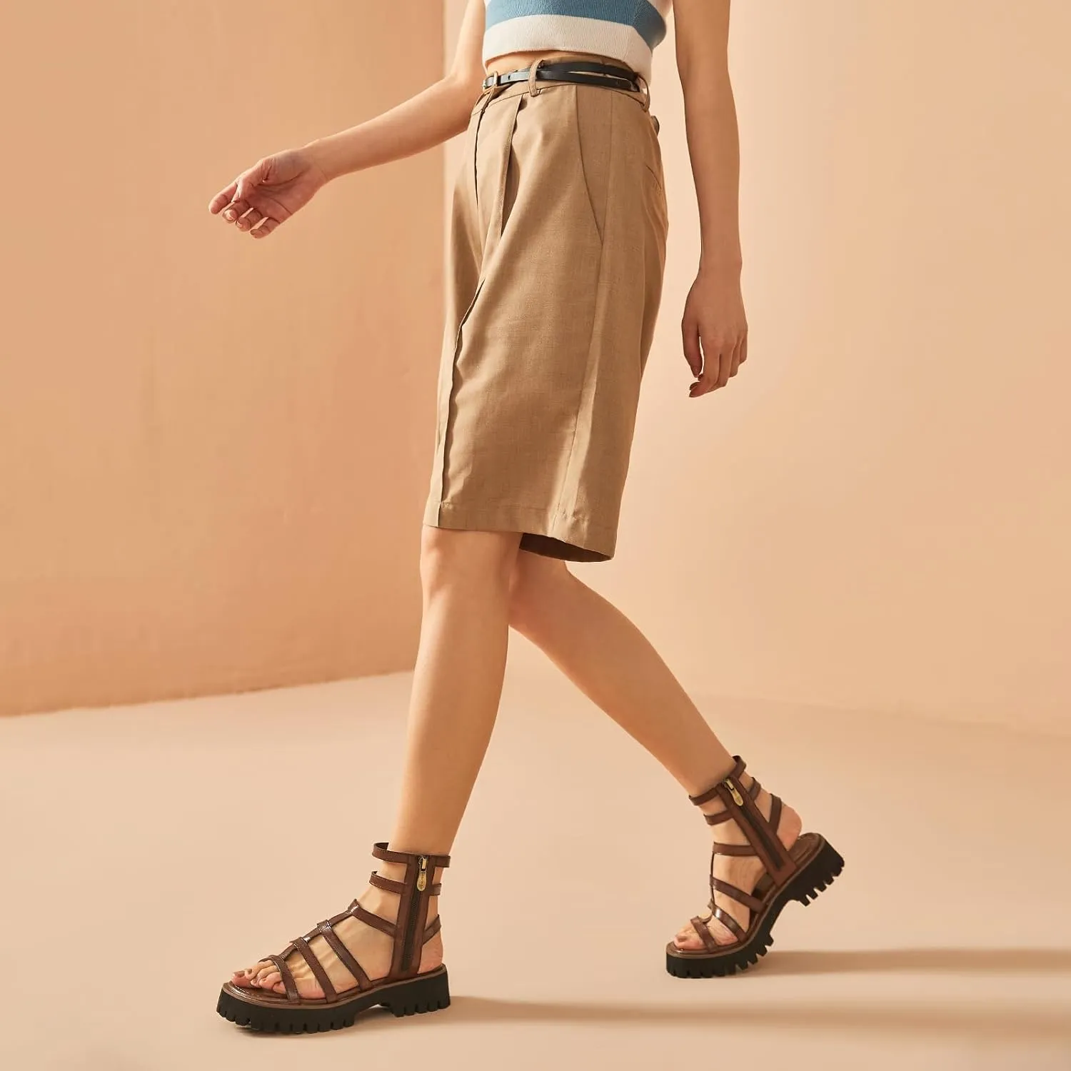 BEAU TODAY Gladiator Sandals for Women,Platform Strappy Sandals for Women,Dressy Comfortable Leather Double Zippers Fashion Roman Sandals for Summer Vacation