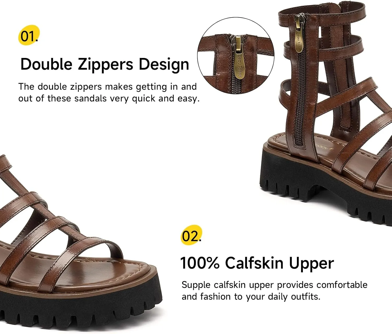 BEAU TODAY Gladiator Sandals for Women,Platform Strappy Sandals for Women,Dressy Comfortable Leather Double Zippers Fashion Roman Sandals for Summer Vacation