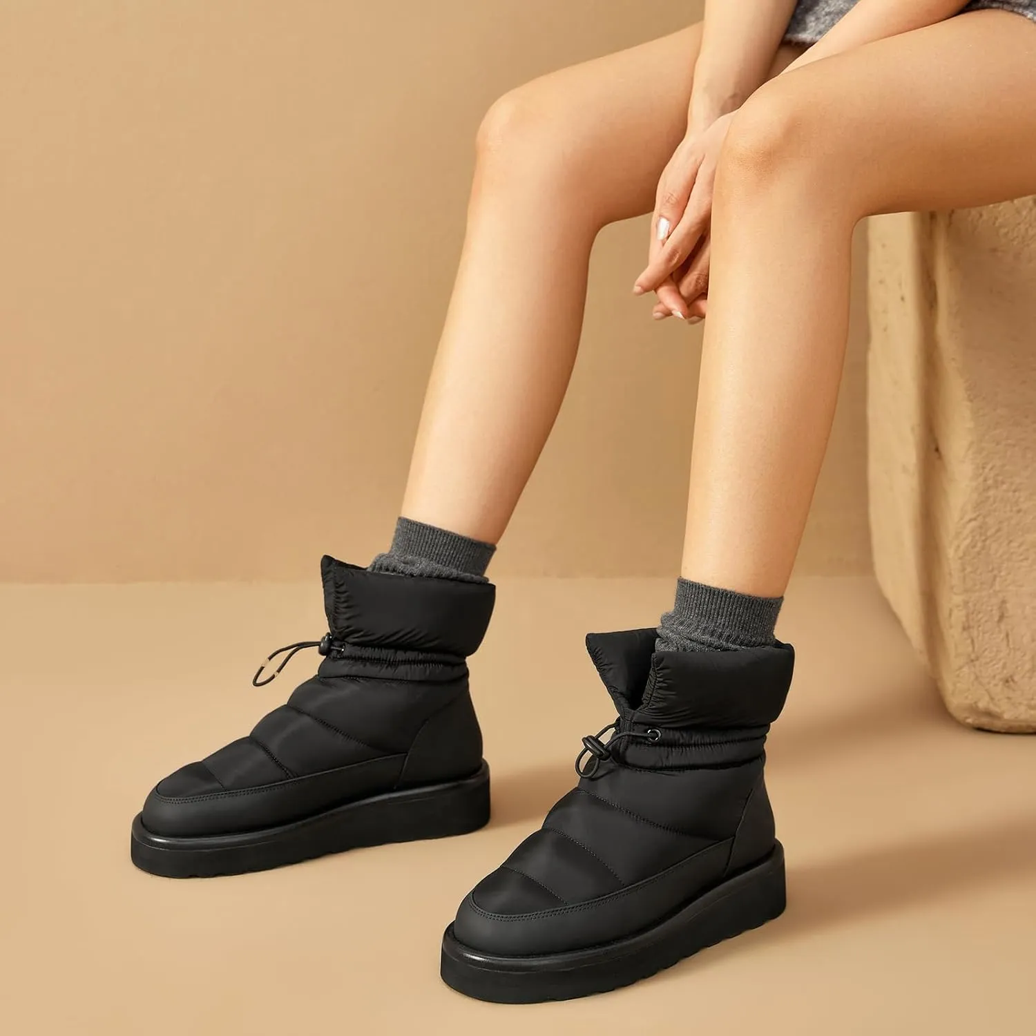 BEAU TODAY Snow Boots for Women, Platform Anti-Slip Winter Ankle Booties,Comfort Wool Round Toe Women Boots, Ladies Comfortable Short Boots Outdoor