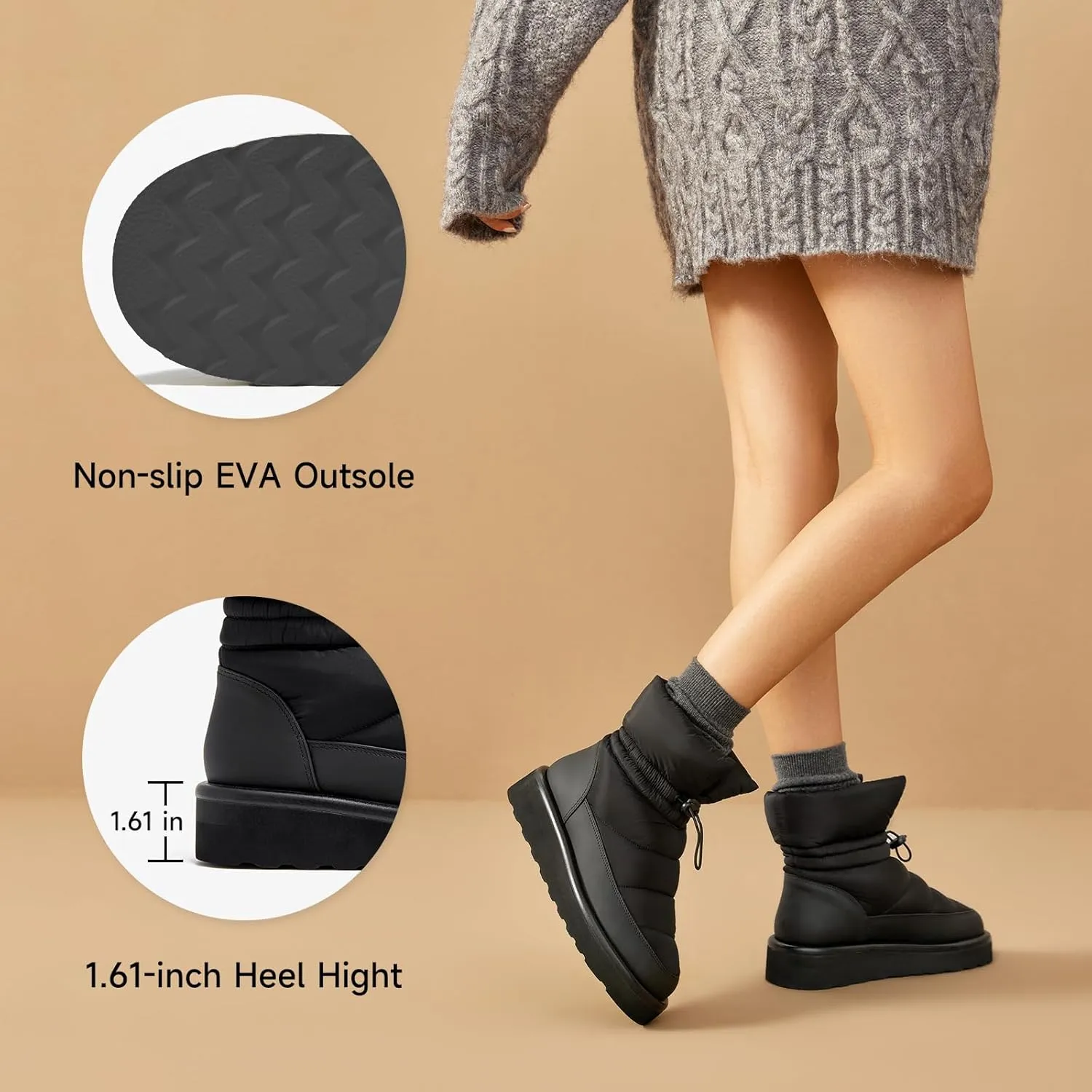 BEAU TODAY Snow Boots for Women, Platform Anti-Slip Winter Ankle Booties,Comfort Wool Round Toe Women Boots, Ladies Comfortable Short Boots Outdoor