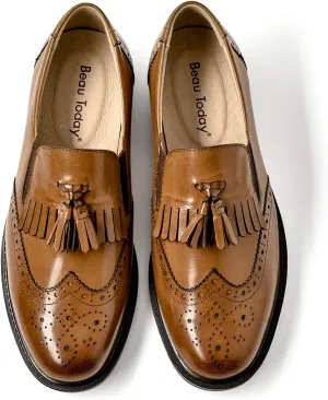 BEAU TODAY Tassel Loafers for Women,Leather Brogue Dress Shoes,Wingtips Oxford for Women,Breathable Comfortable Slip-on Lace-up Handmade Flat Shoes for Business Work