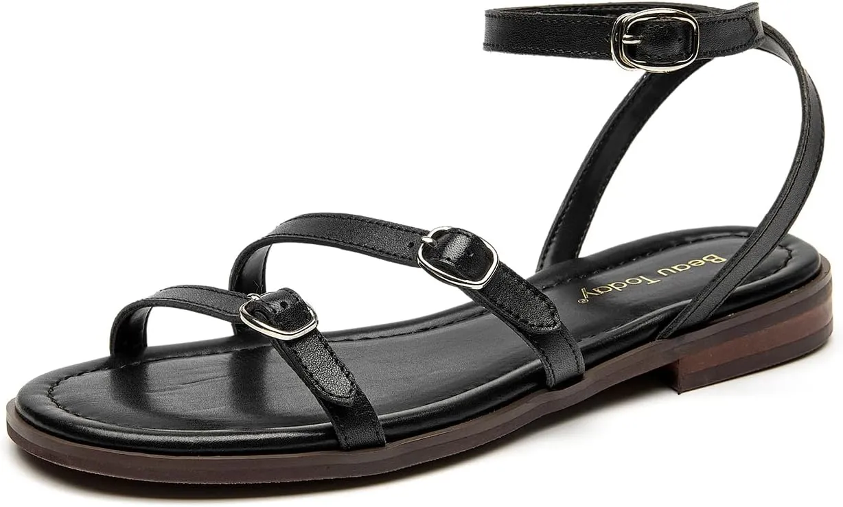 BEAU TODAY Womens Flat Sandals,Strappy Leather Summer Sandals for Women, Comfortable Slingback Cute Dressy Sandals for Beach Vacation Casual Walking