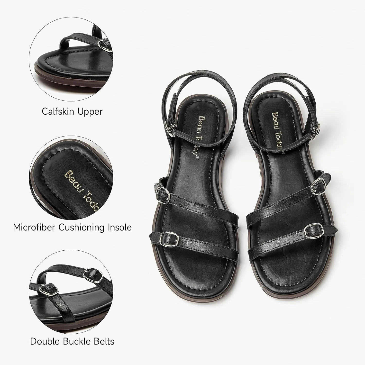 BEAU TODAY Womens Flat Sandals,Strappy Leather Summer Sandals for Women, Comfortable Slingback Cute Dressy Sandals for Beach Vacation Casual Walking