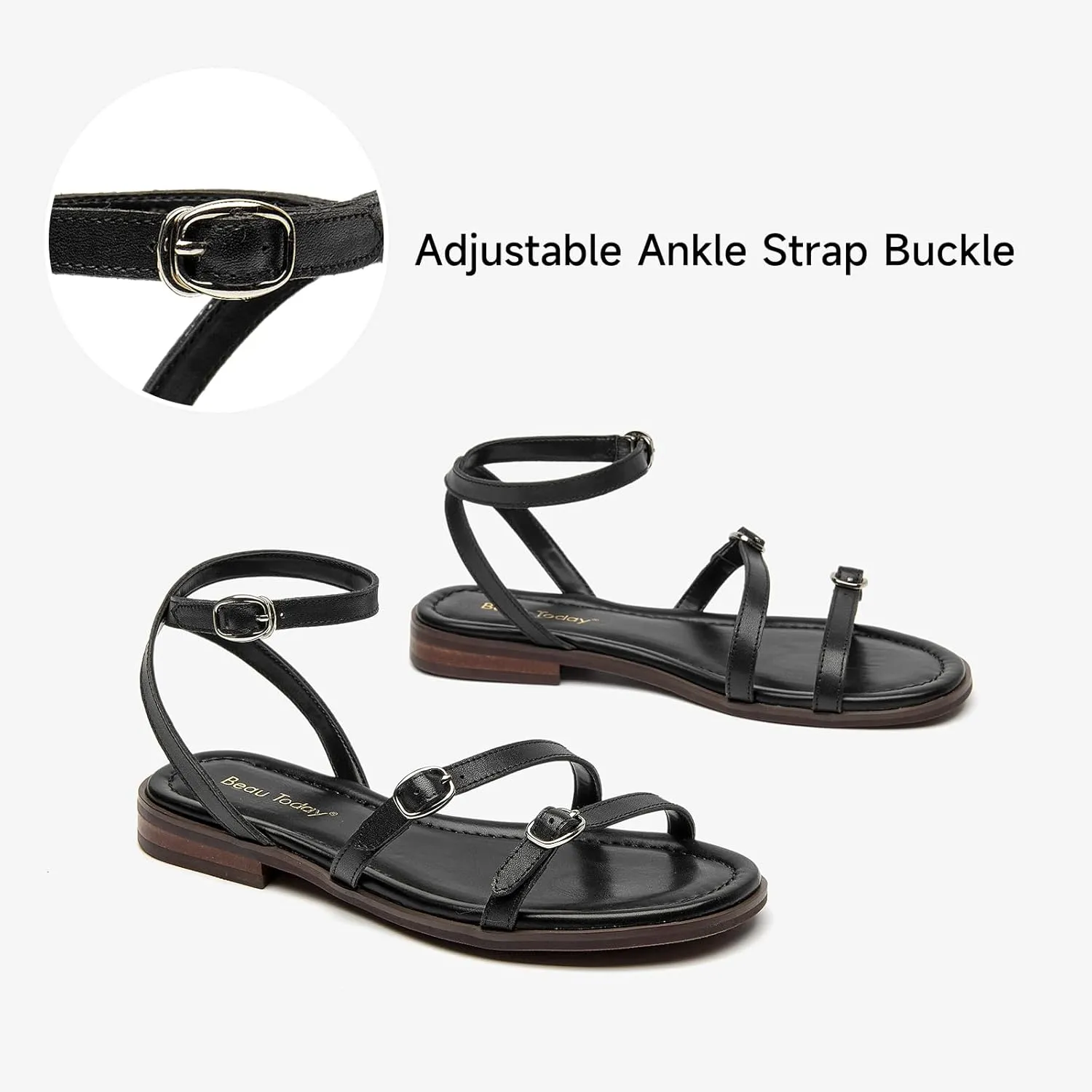 BEAU TODAY Womens Flat Sandals,Strappy Leather Summer Sandals for Women, Comfortable Slingback Cute Dressy Sandals for Beach Vacation Casual Walking