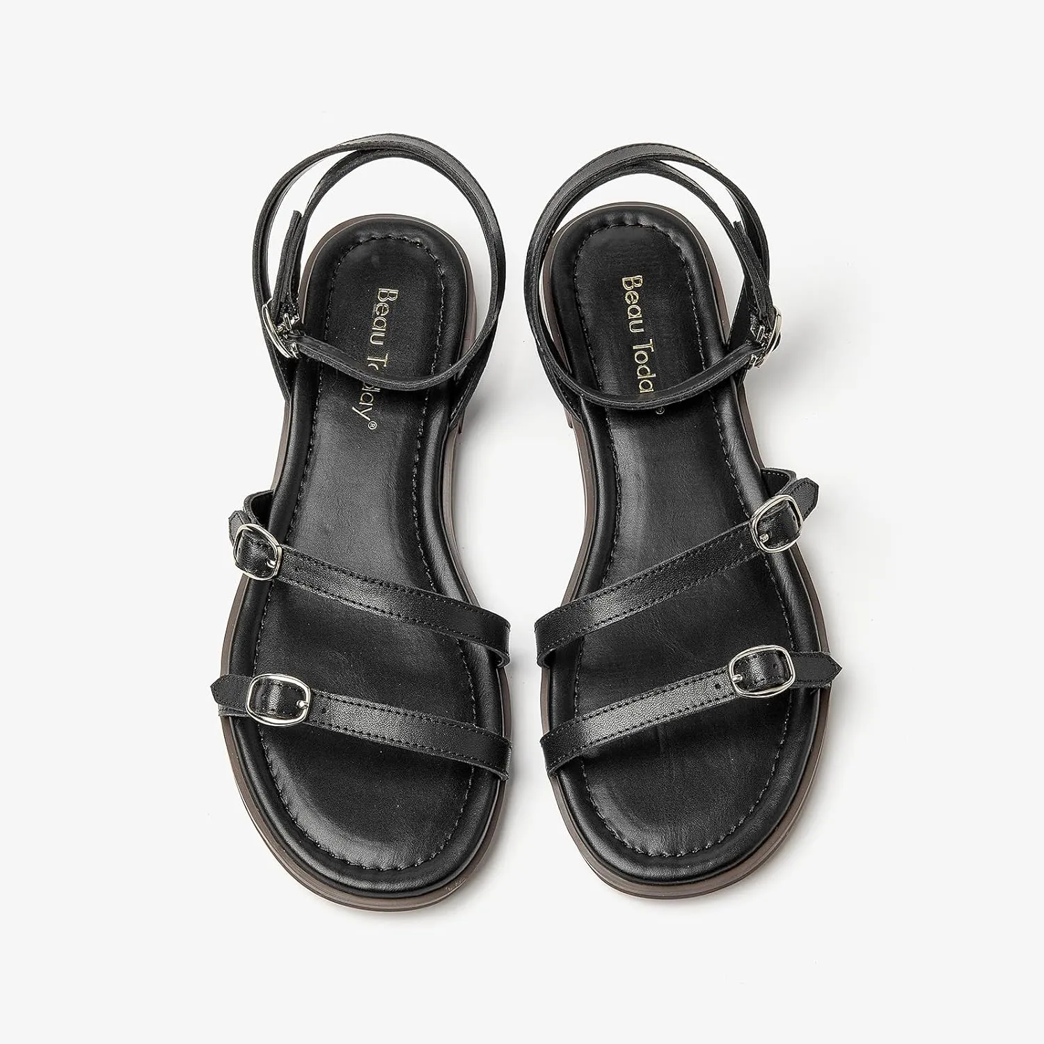 BEAU TODAY Womens Flat Sandals,Strappy Leather Summer Sandals for Women, Comfortable Slingback Cute Dressy Sandals for Beach Vacation Casual Walking