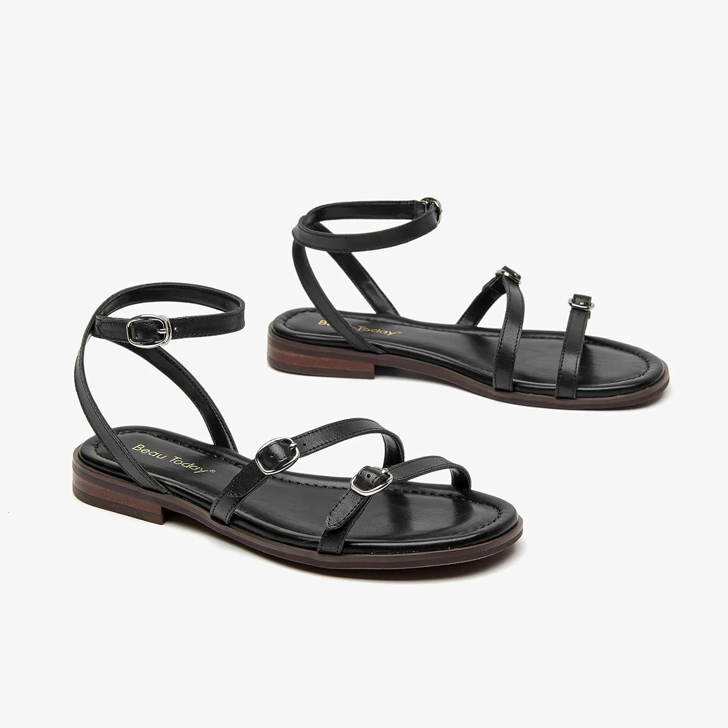 BEAU TODAY Womens Flat Sandals,Strappy Leather Summer Sandals for Women, Comfortable Slingback Cute Dressy Sandals for Beach Vacation Casual Walking