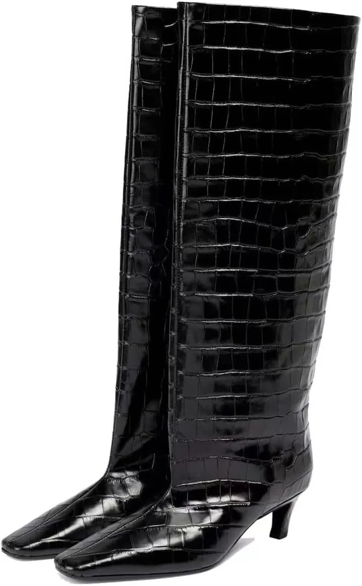 Beauty Cry Knee High Boots Women Square Toe Low Kitten Heel Tall Boots