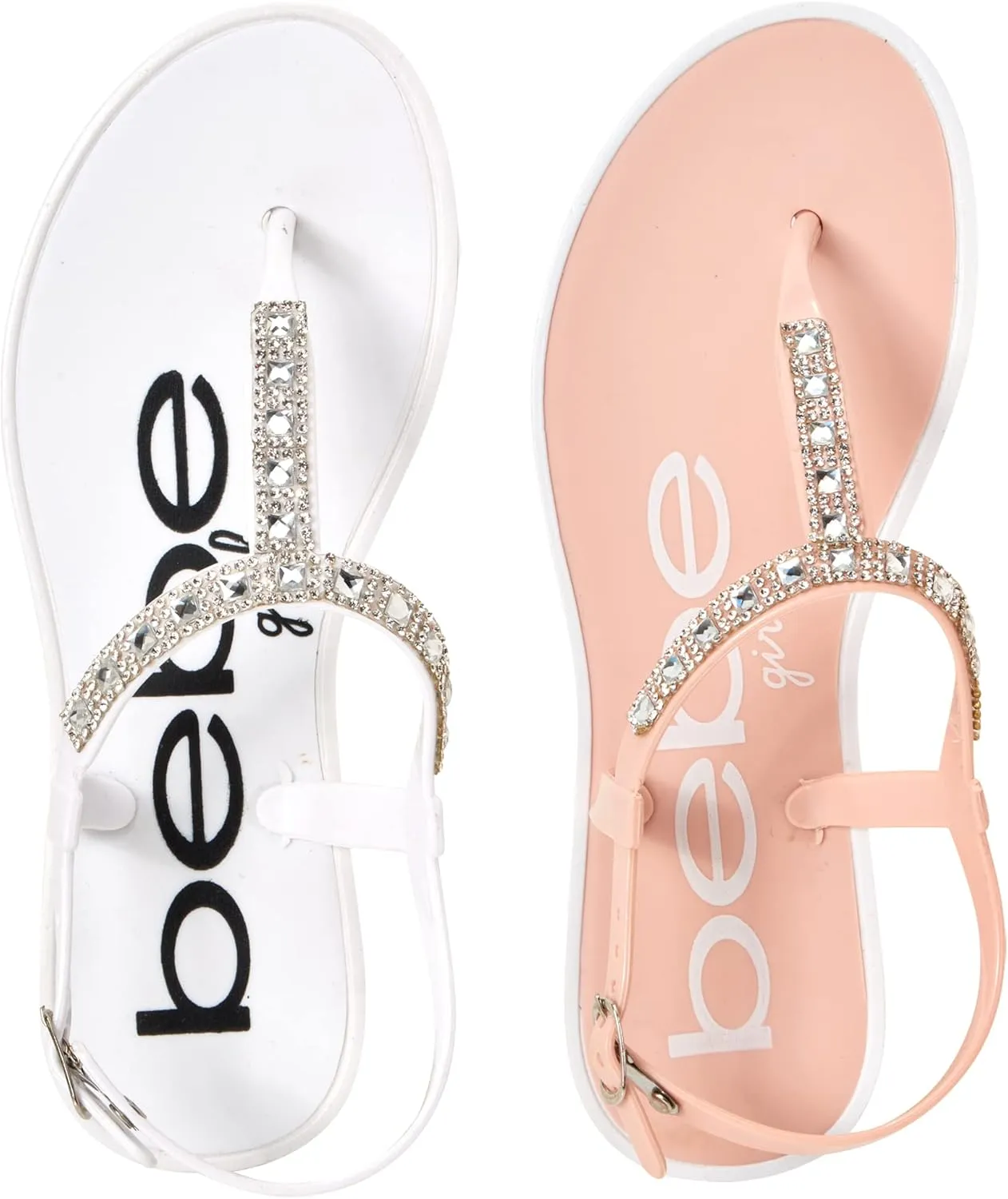 bebe Girls' Sandals - 2 Pack Open Toe Summer Flat Dress Thong T-Strap Sandals with Adjustable Ankle Strap and Cushioned Sole