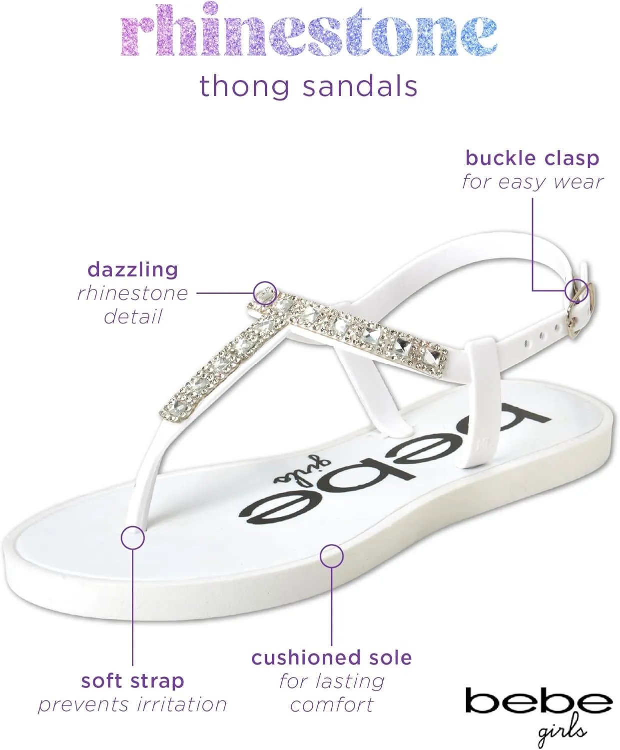 bebe Girls' Sandals - 2 Pack Open Toe Summer Flat Dress Thong T-Strap Sandals with Adjustable Ankle Strap and Cushioned Sole