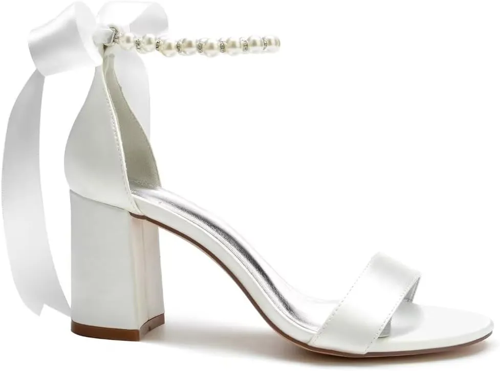Block Heel Bridal Shoes Open Toe Pearl Heels Wedding Shoes for Bride Wedding Sandals Bride Heels