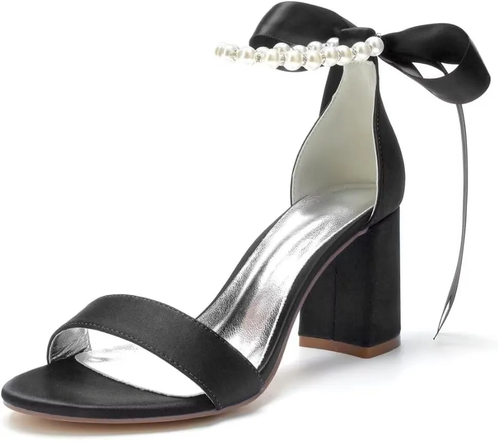 Block Heel Bridal Shoes Open Toe Pearl Heels Wedding Shoes for Bride Wedding Sandals Bride Heels