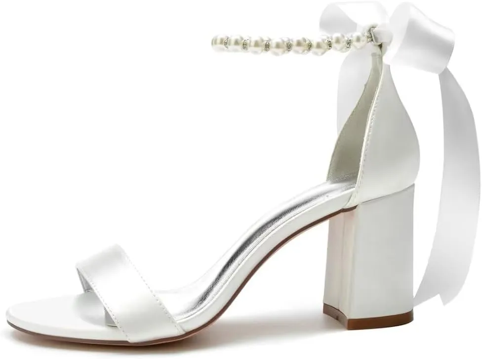 Block Heel Bridal Shoes Open Toe Pearl Heels Wedding Shoes for Bride Wedding Sandals Bride Heels