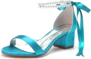 Block Heel Bridal Shoes Pearls Wedding Heeled Sandals Bride Chunky Heels