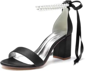 Block Heel Pearl Wedding Shoes for Bride Women Heeled Sandals Bridal Heels Chunky