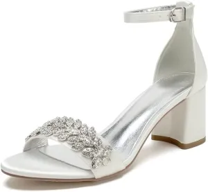 Block Heel Wedding Sandals Shoes for Bride Open Toe Crystals Formal Party Heels Sandal 1151-3
