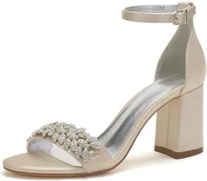 Block Heel Wedding Sandals Shoes for Bride Open Toe Crystals Formal Party Heels Sandal 1151-3