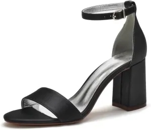 Block Heel Wedding Sandals Shoes for Bride Open Toe Satin Prom Evening Formal Party Sandal Heels 1151-1
