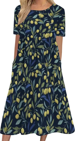 Boho Floral Short Sleeve Midi Dress for Women High Waisted Flowy Loose Fit Casual Cotton Dresses with Pockets