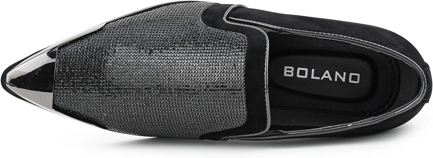Bolano x Amali Men's Dress Loafers with Rhinestones, Slip-On, Tuxedo Loafer Shoes for Men, Pointed Toe with Metal Tip, Size Up