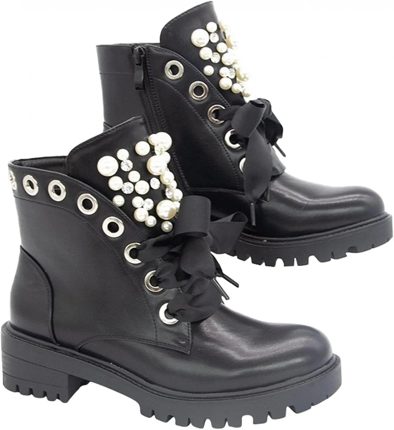 BORAMAX Sandals Cowboy Boots for Women Pearl Lace Up Platform Boots Slip On Ankle Booties Fashion Hiking Womens Boots
