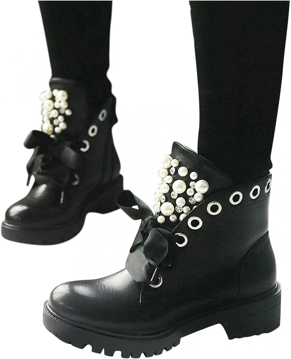 BORAMAX Sandals Cowboy Boots for Women Pearl Lace Up Platform Boots Slip On Ankle Booties Fashion Hiking Womens Boots