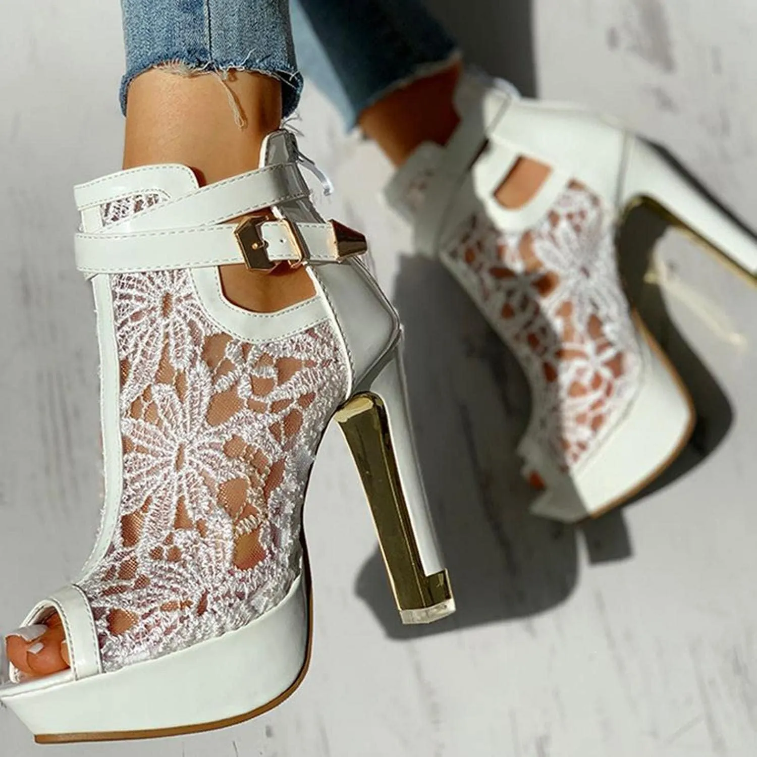 BORAMAX Women's Pretty Lace Flowers Open Toes High Heels Ankle Boots Platform Boots Peep Toe Colorful Casual Womens Boots