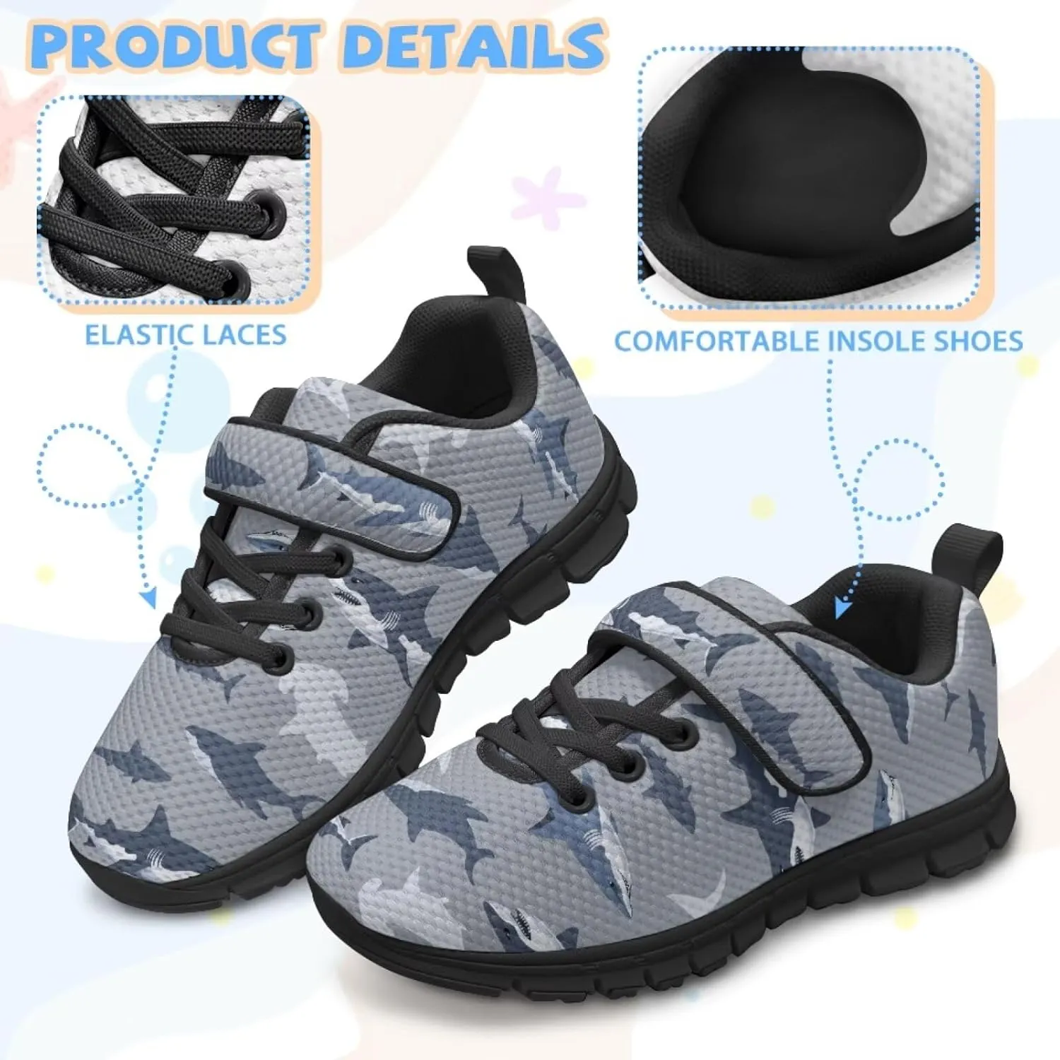 Boy Girl Shark Running Sneakers Adjustable Hook and Loop Walking Shoes Sports Tennis Sneaker